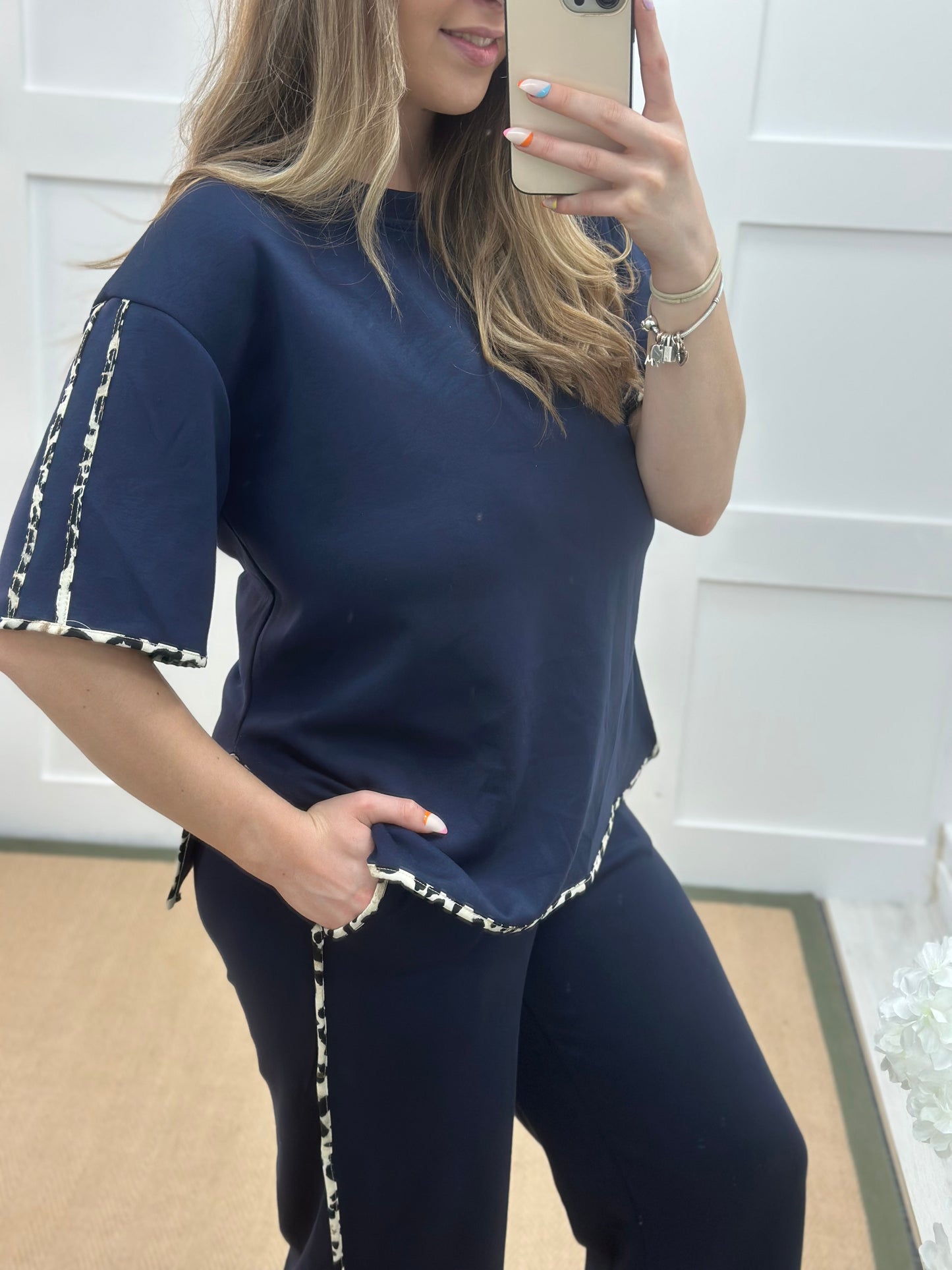 Malka: Navy leopard print stripe loungewear set. One size: 12-18