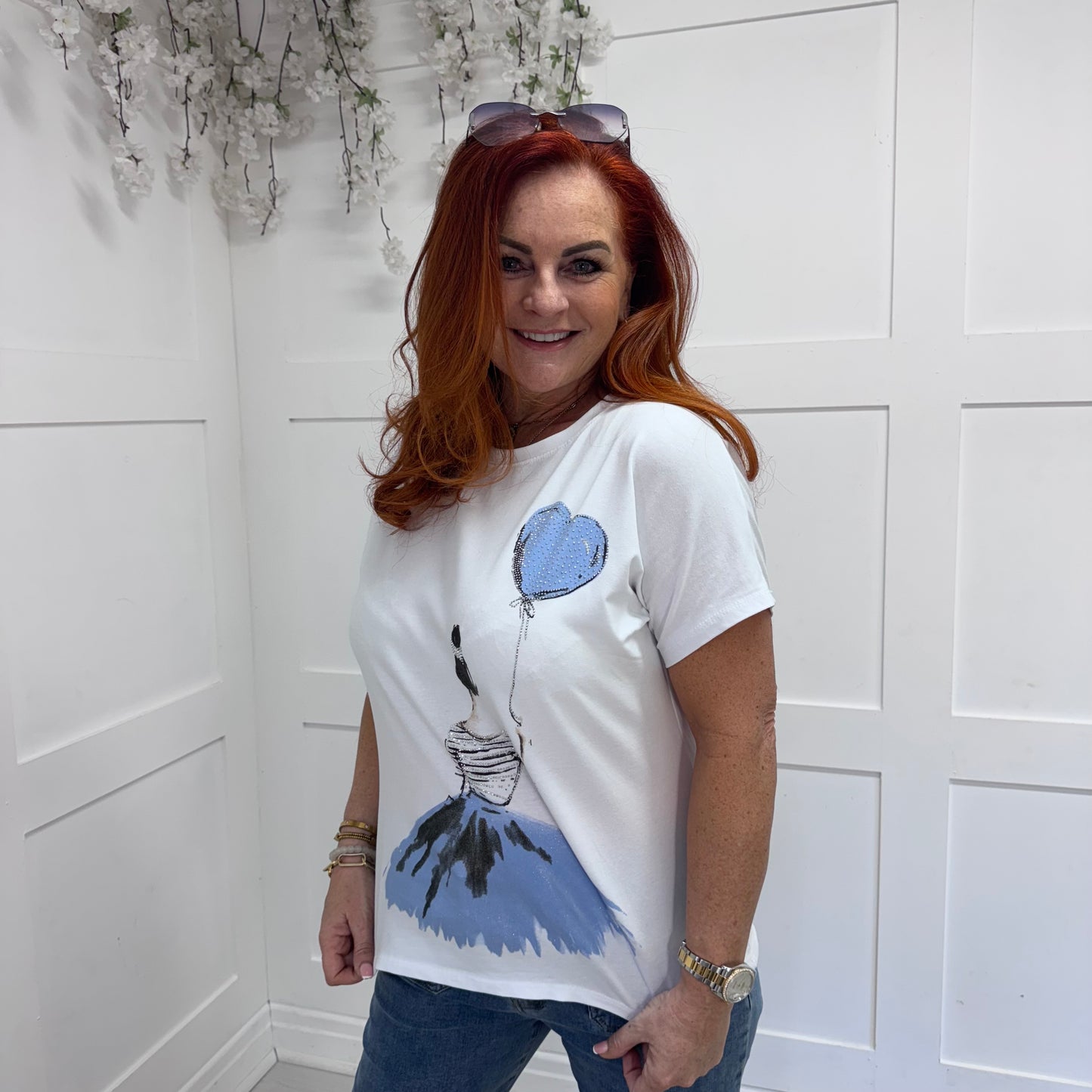 Sam: White & blue diamanté’ ballerina T shirt. One size: 10-16