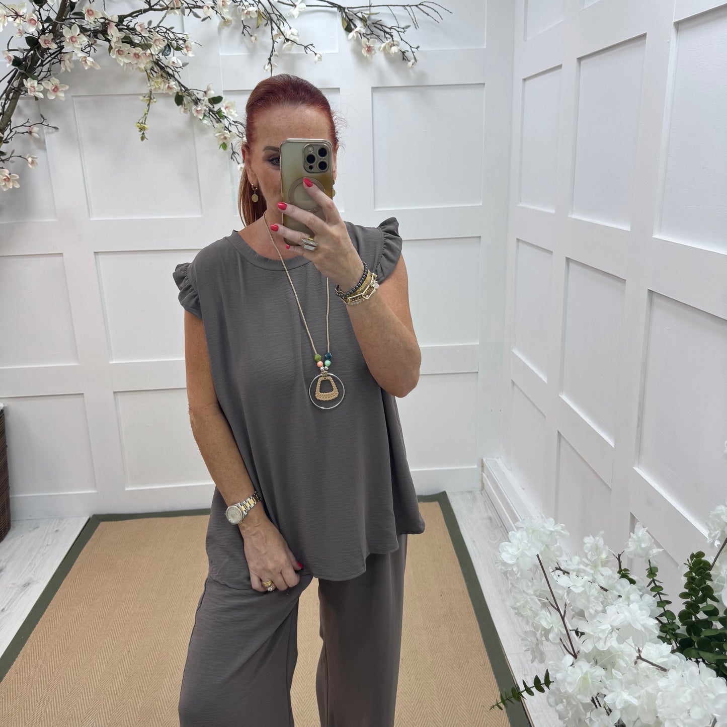 Ember: Taupe frill sleeve top & pendant. One size: 14-20