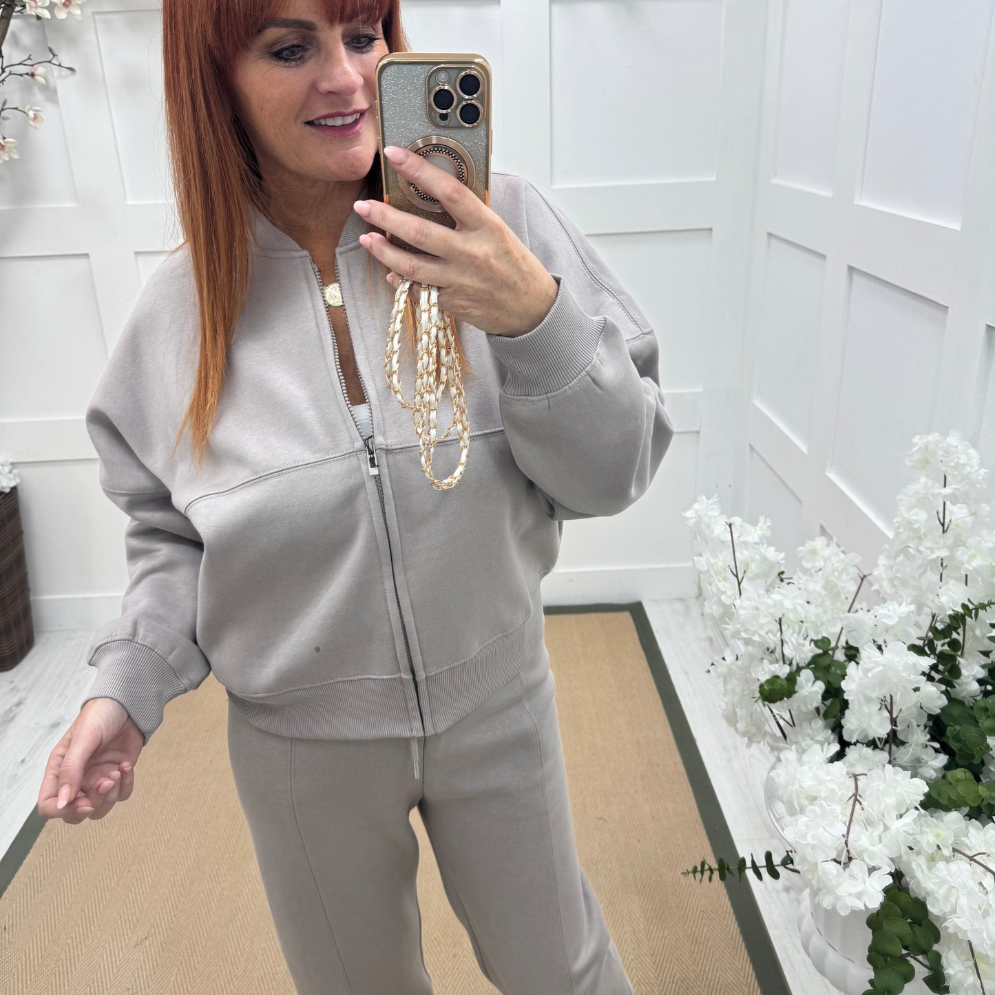 Ginny: Taupe bomber jacket & trouser set. Sizes: 8-14