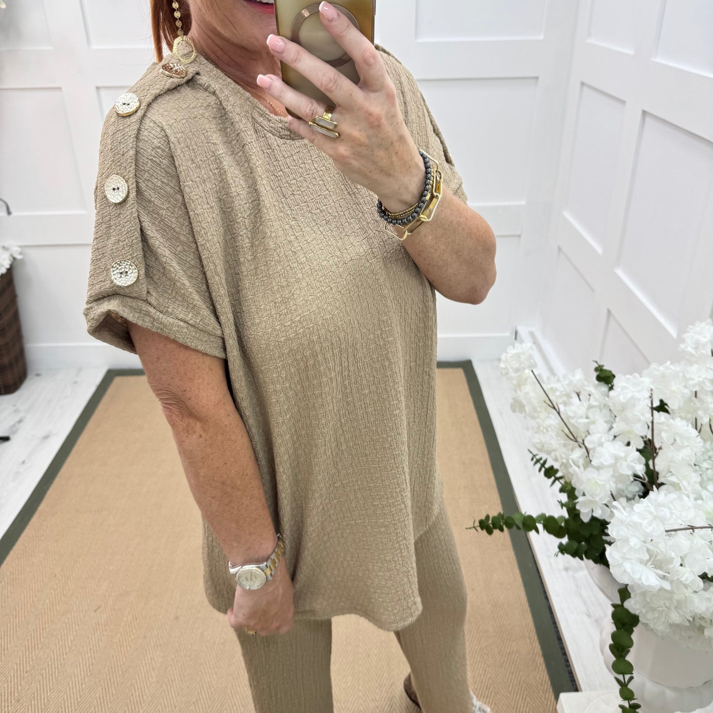Tasha: Sand & gold button loungewear set. 2 sizes