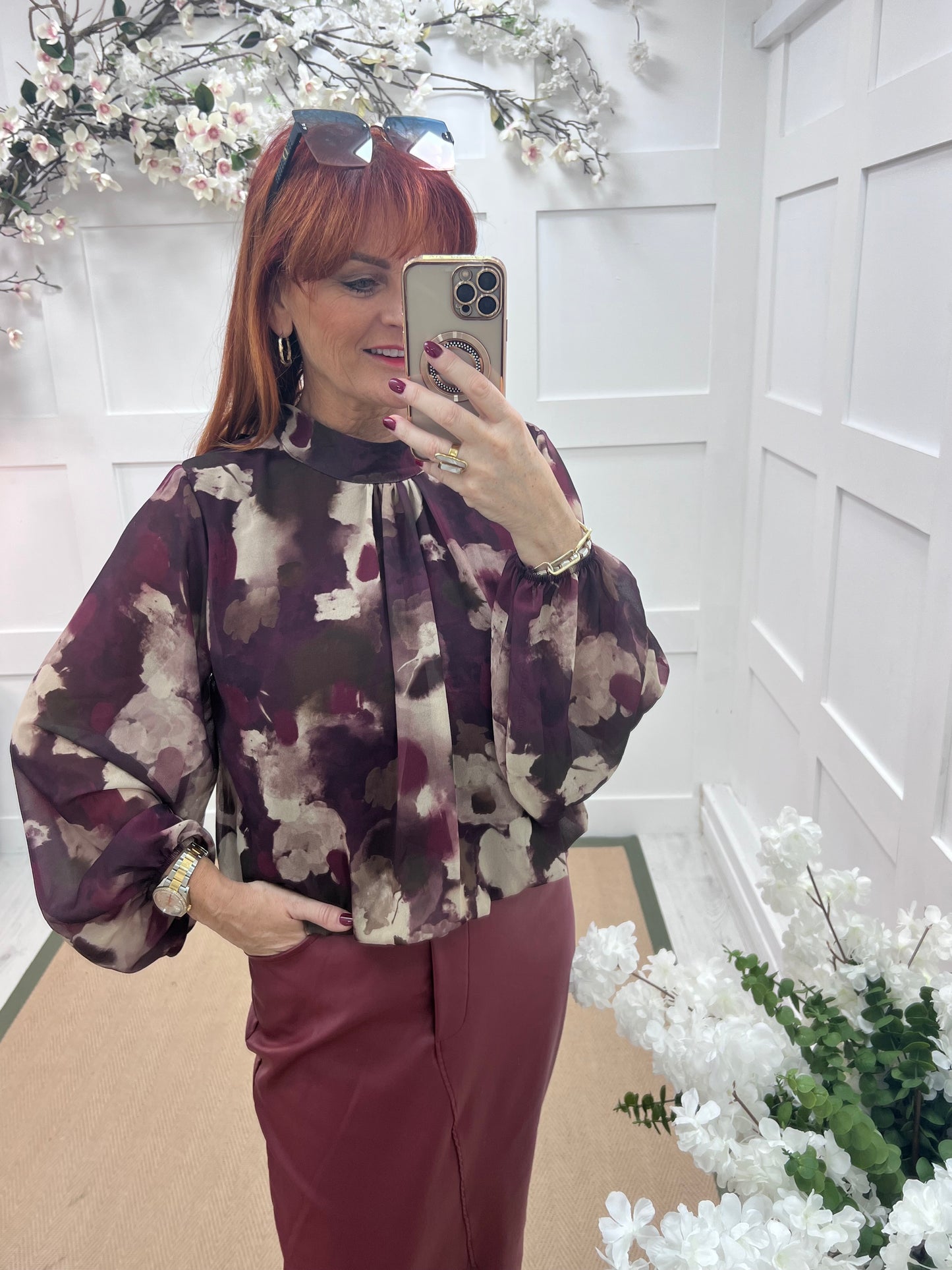 Holly: Burgundy & cream print high neck top. One size: 10-16