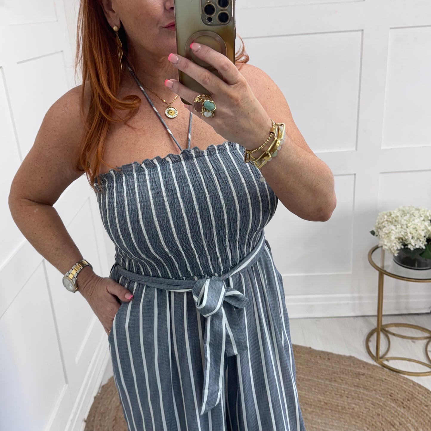 Kendal: Blue pinstripe wide leg jumpsuit. 3 sizes: 10-20