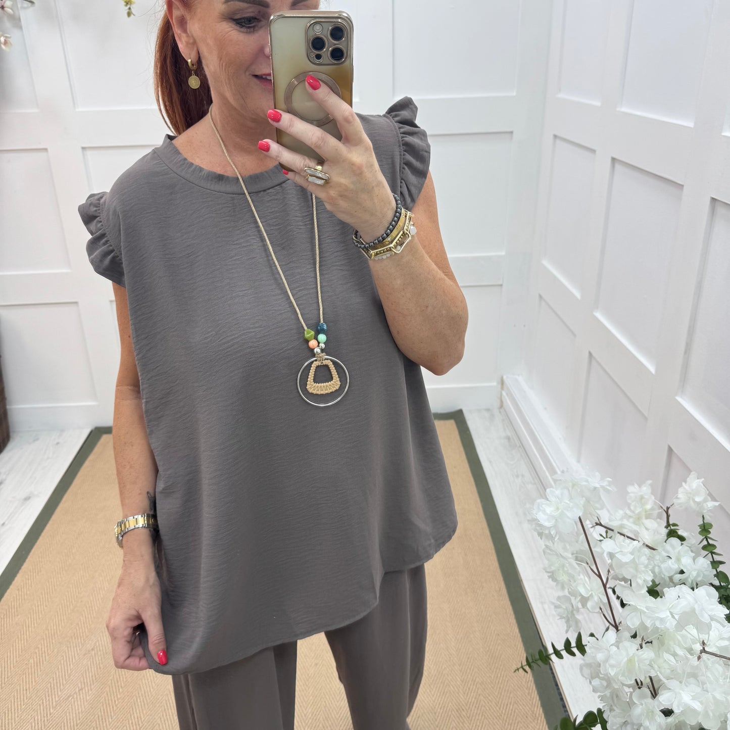 Ember: Taupe frill sleeve top & pendant. One size: 14-20