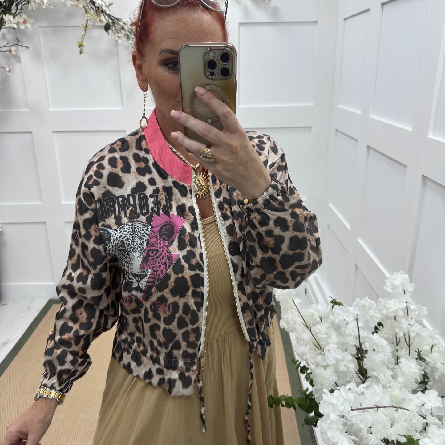 Briony: Silky pink & leopard printed bomber jacket. One size: 10-18