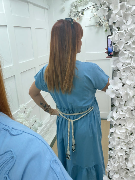 April: Floral embroidered belted midi dress. One size: 10-16. 3 colours