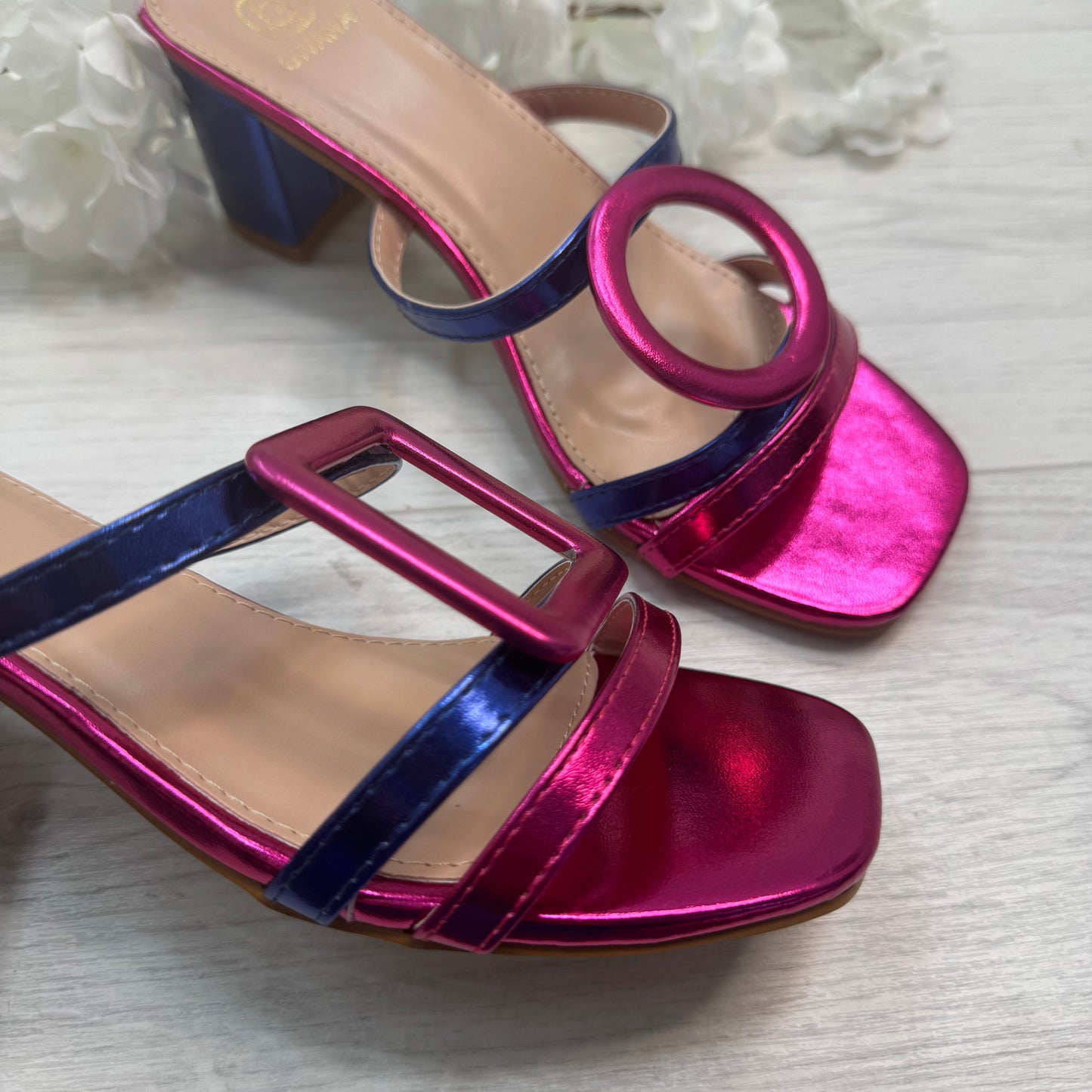 Rosa: Metallic pink & blue large buckle sandals. Sizes: 3-8
