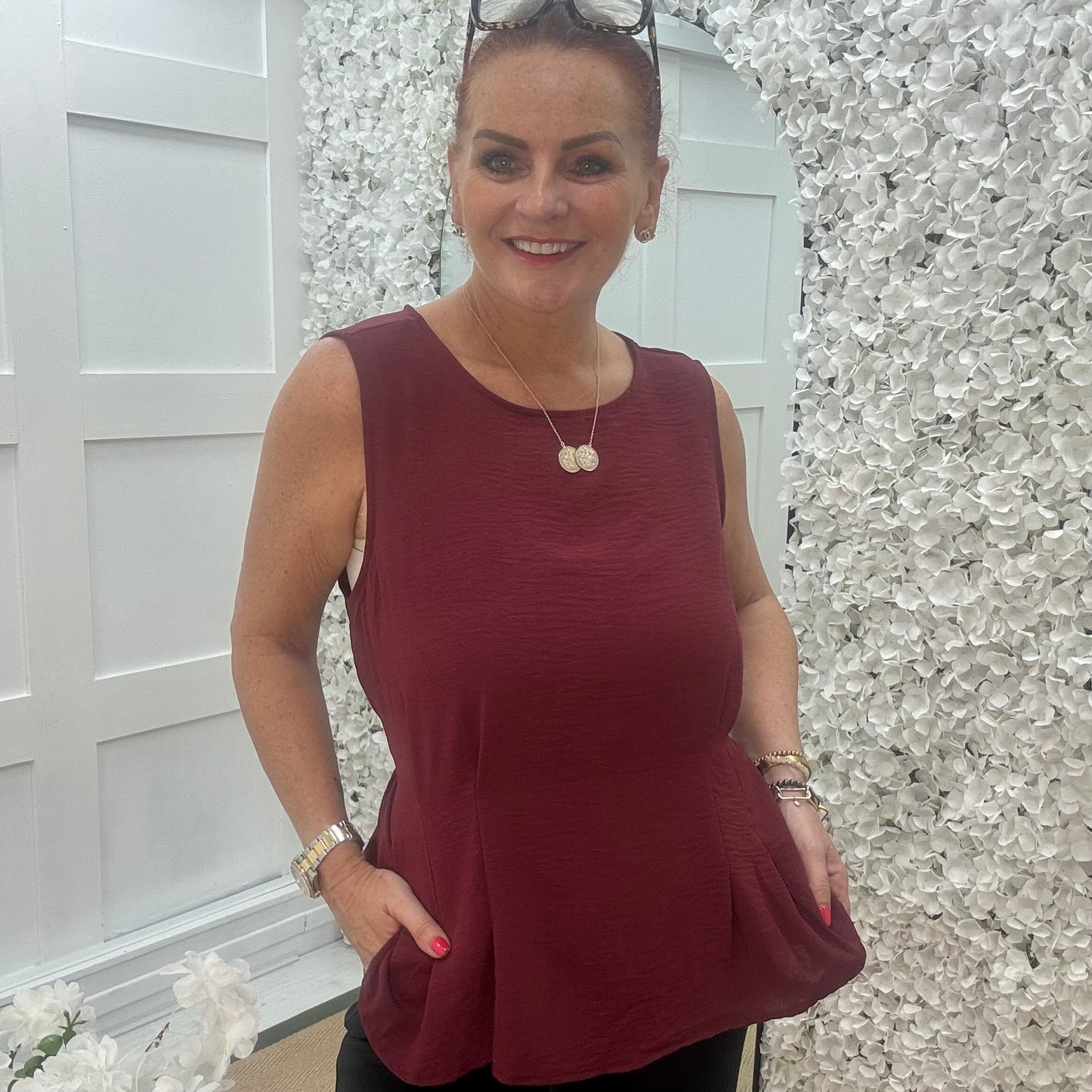 Maisie: Burgundy tie waist peplum top. One size: 14-18