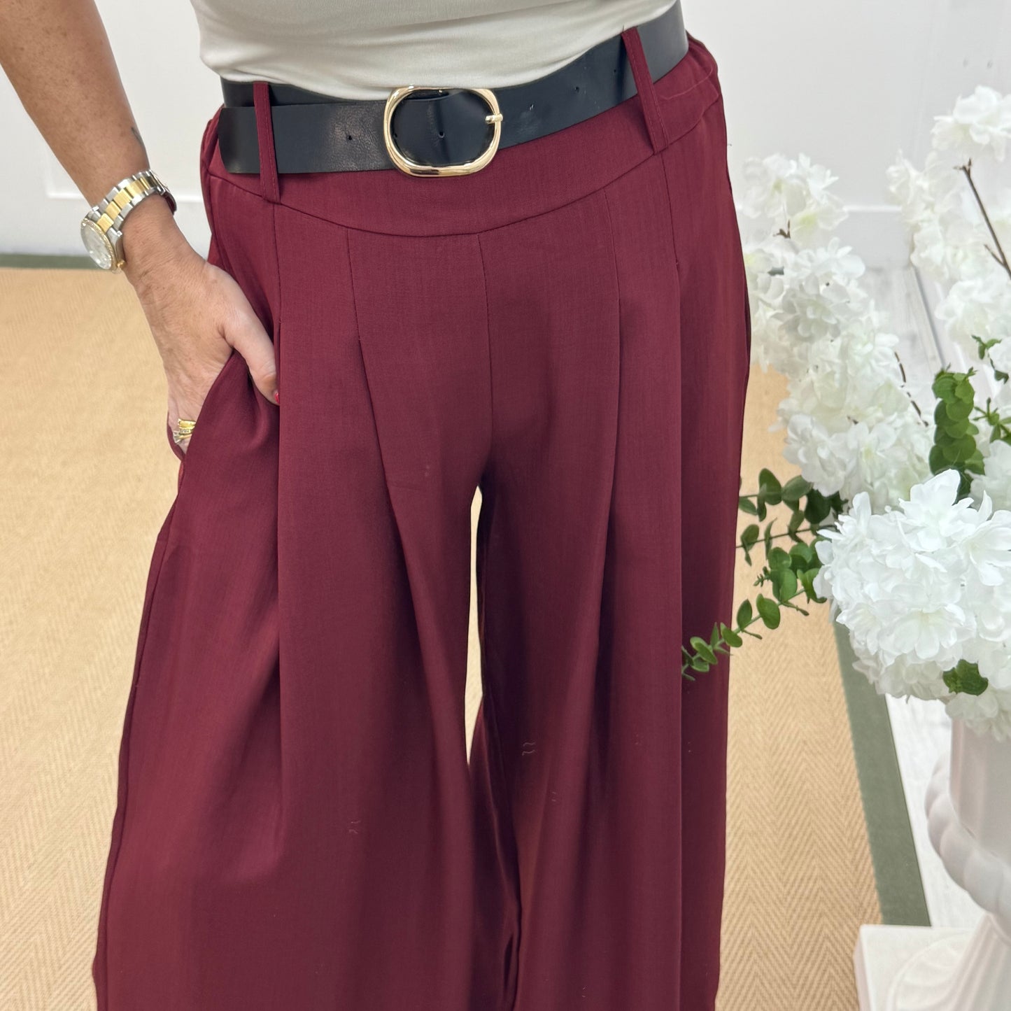 Zina: Burgundy pocket wide leg trousers. One size: 8-14