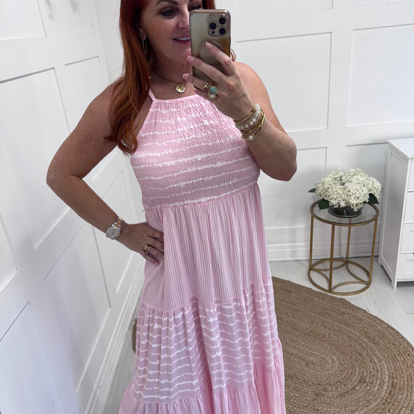 Serena: Pink strappy striped midi dress. One size: 10-14