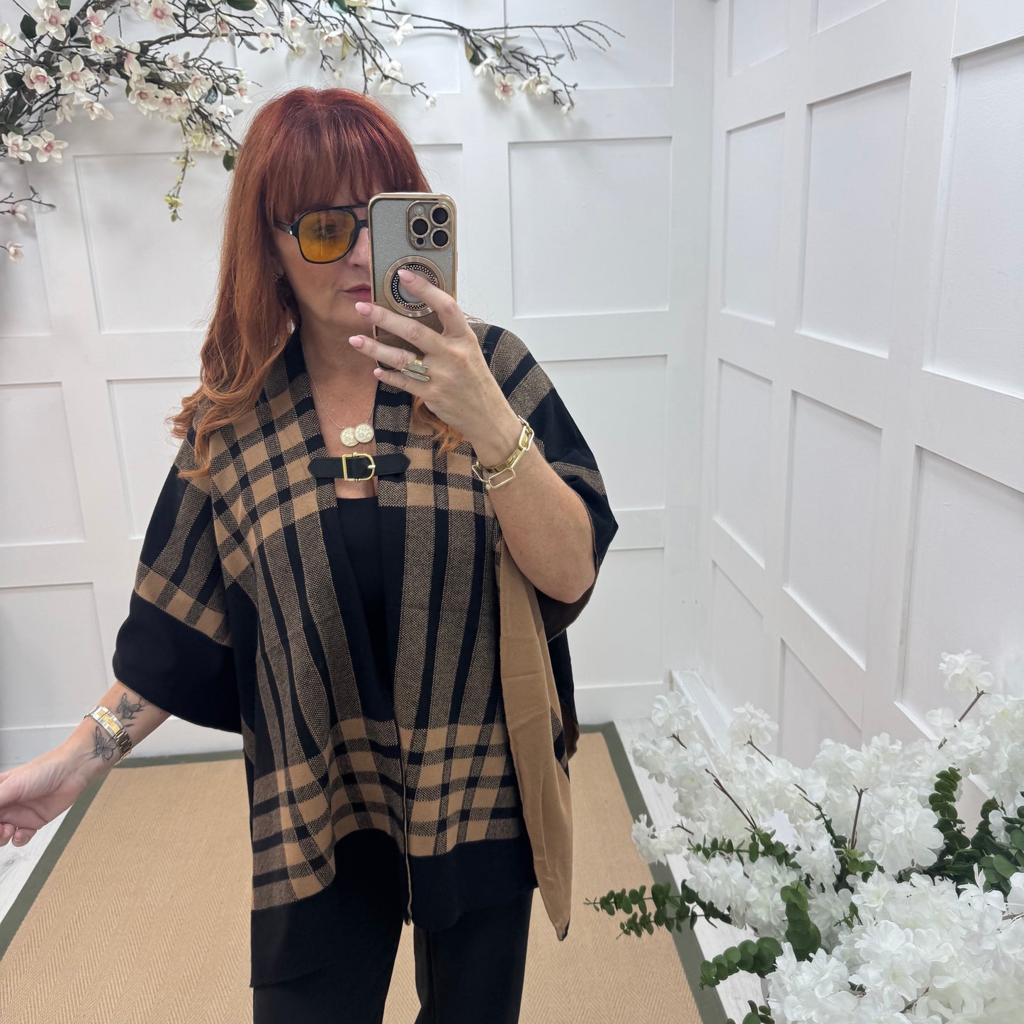 Karla: Brown check wool cape. Free size