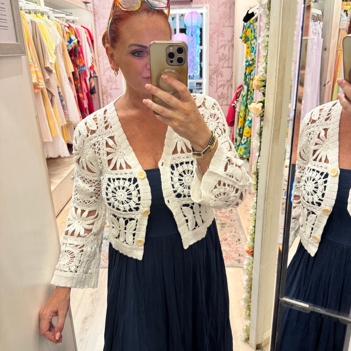 Amy: White crochet knit cardigan top. One size: 10-14