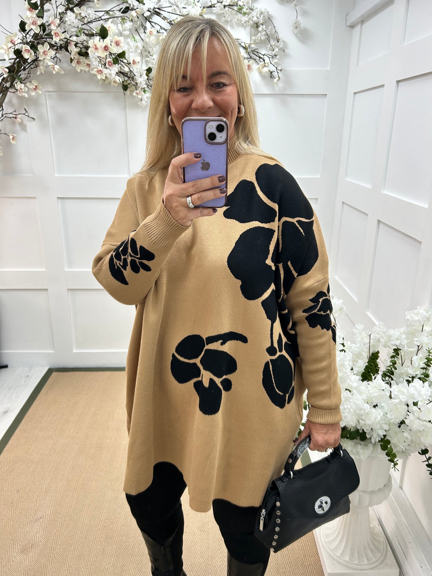 Esther: Camel oversized longline knit top. One Sz: 16-24
