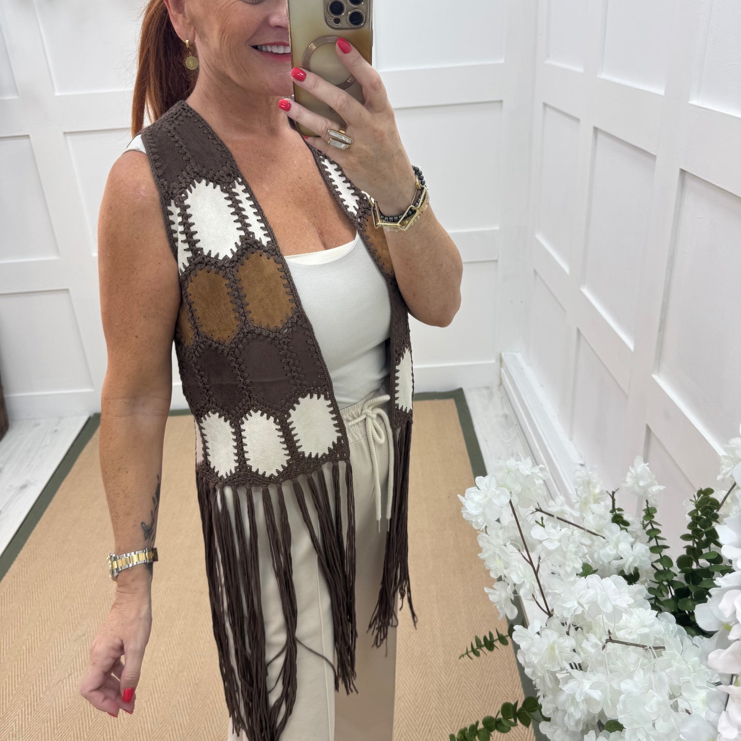 Gigi: Brown suedette & tassel waistcoat. One size: 8-14