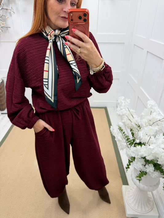 Raven: Textured long sleeve top & cuffed trouser set. One Sz: 12-18. 3 colours