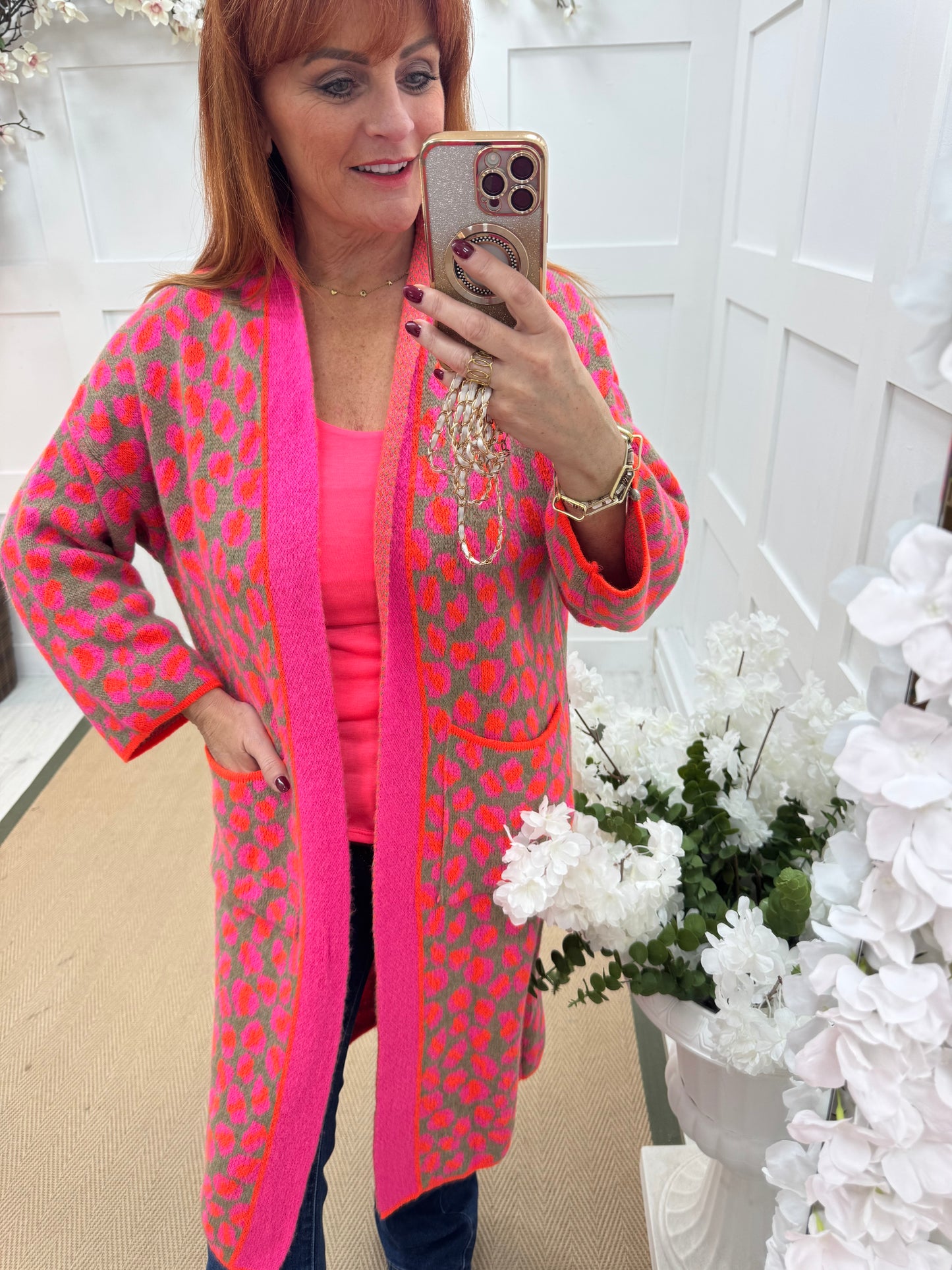 Scarlet: Pink & orange leopard print knit cardigan. One size 10-18