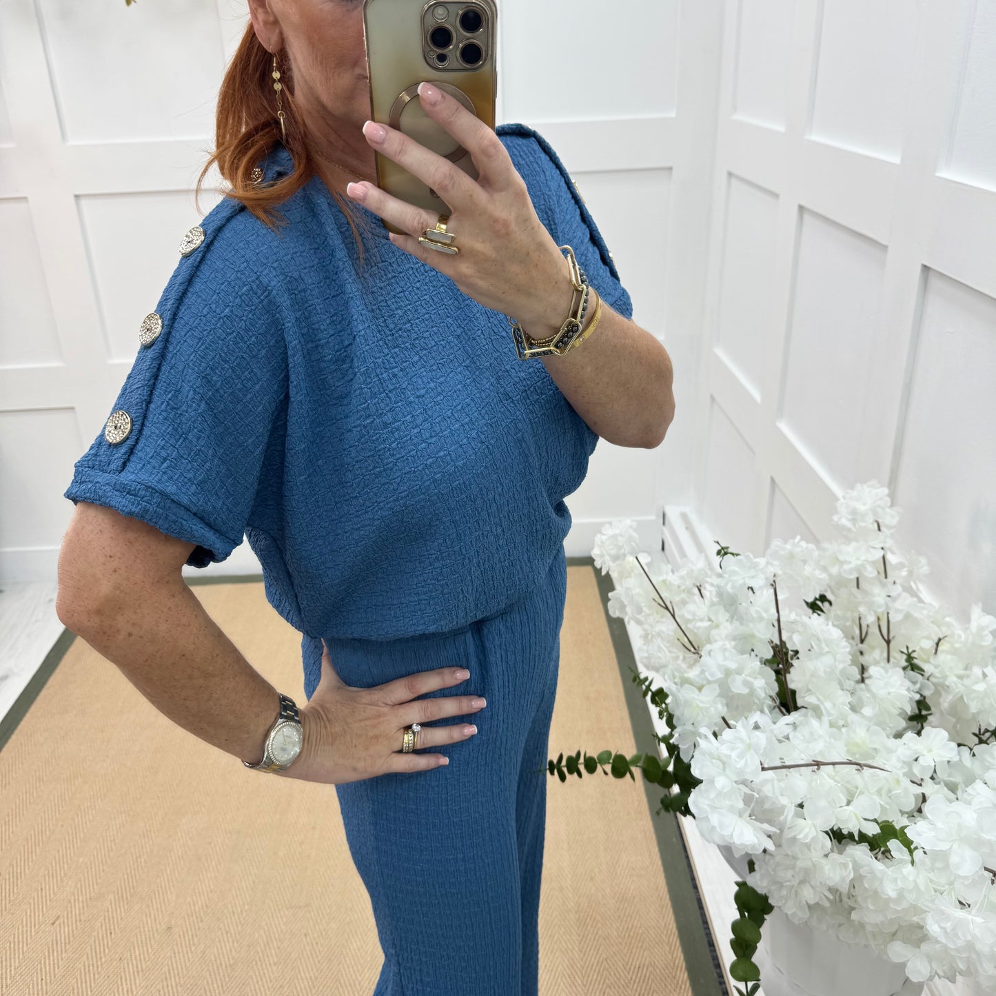 Tasha: Blue & gold button loungewear set. 2 sizes