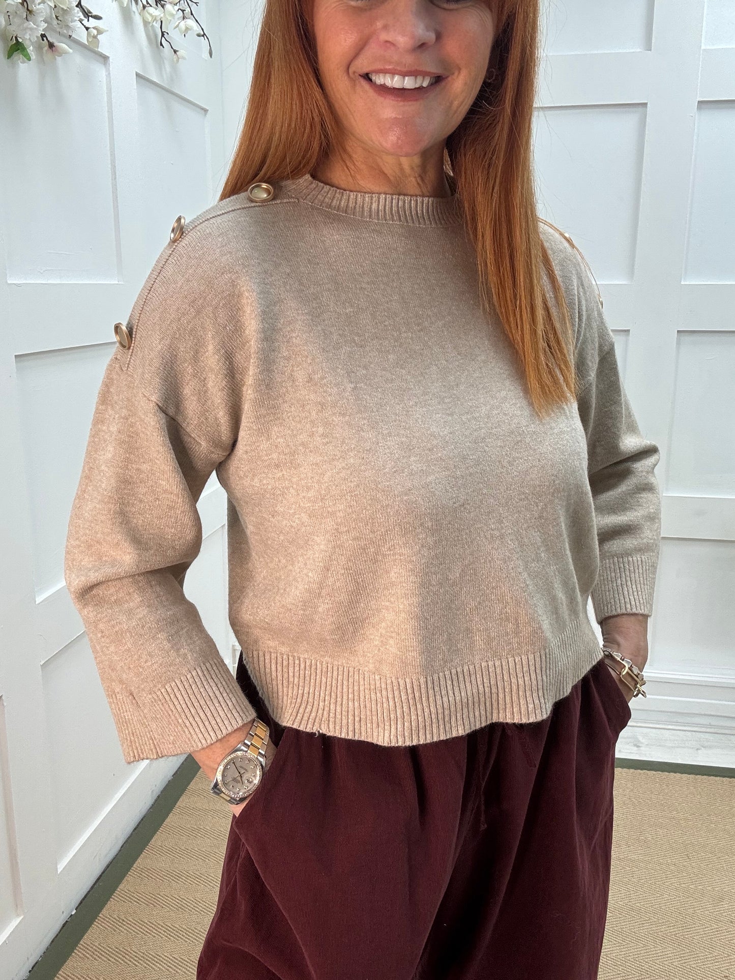 Lorna: Oatmeal gold button knitted top. One Sz: 10-16