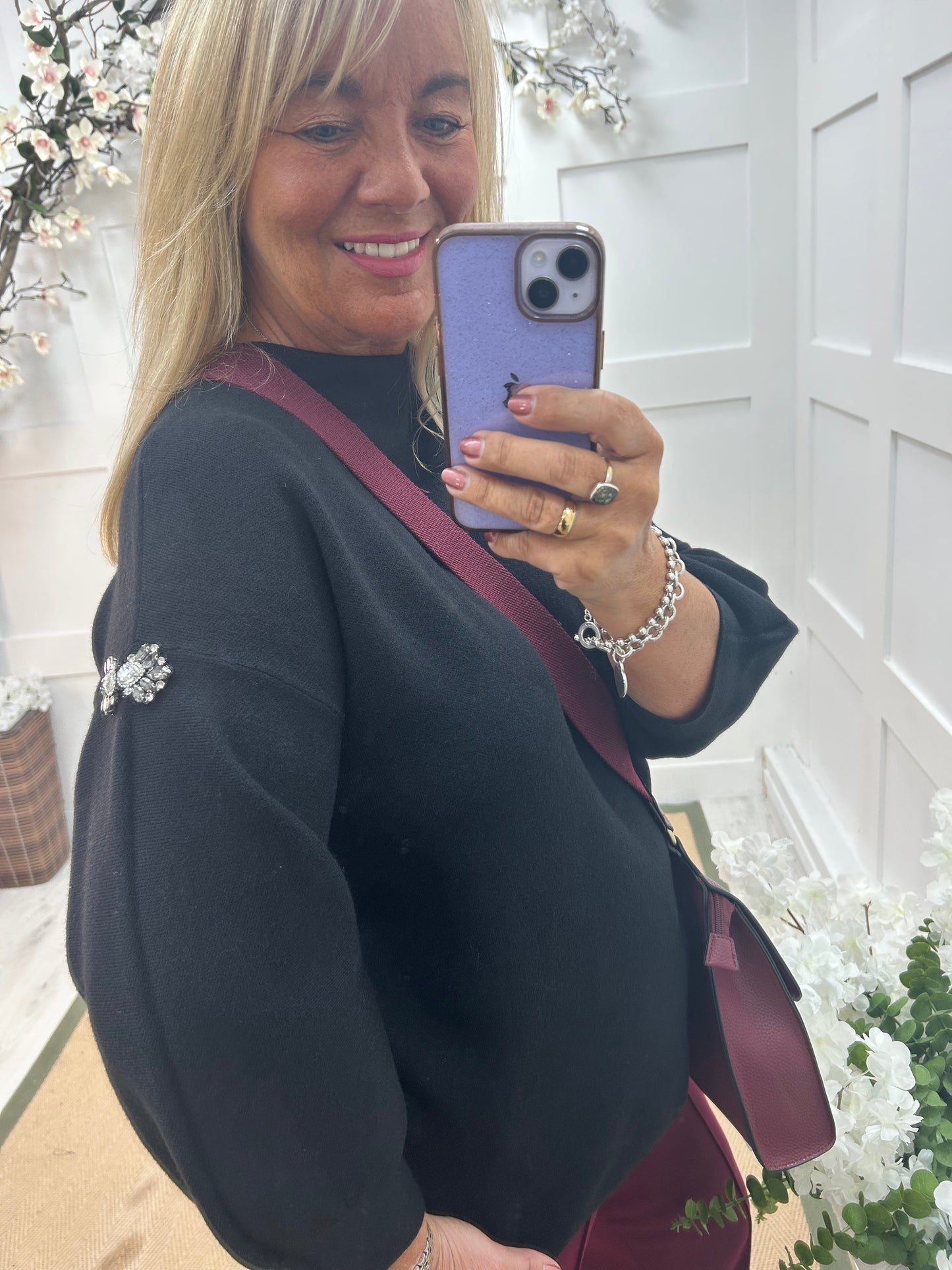 Nikita: Black cashmere rhinestone top. One Sz: 12-18