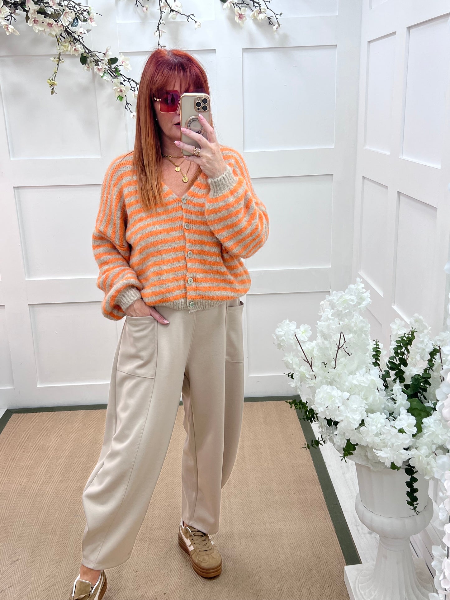 Rowan: Orange stripe V neck cardigan. One size: 12-18