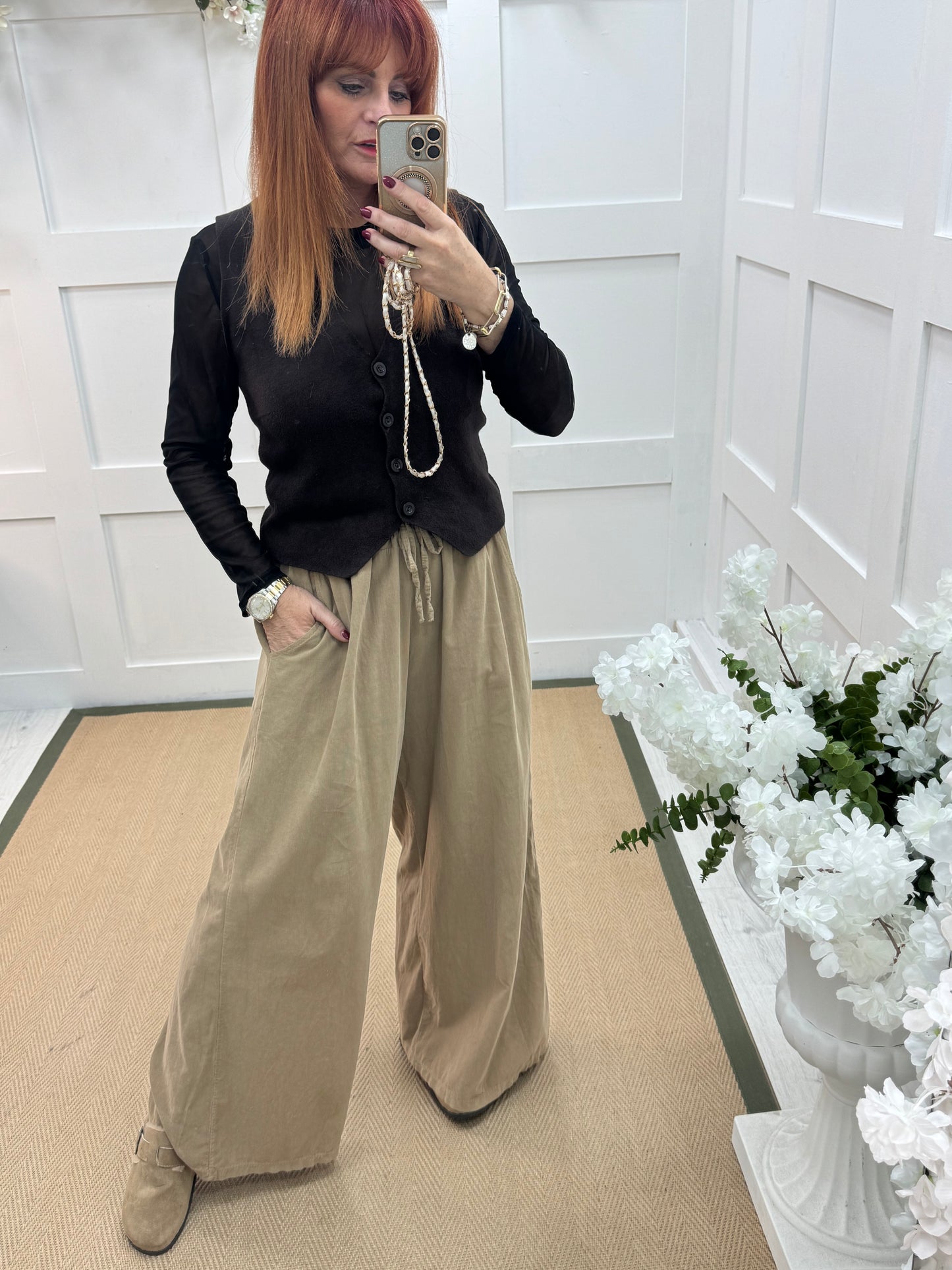 Lark: Sand needle cord wide trousers. One Size: 8-16