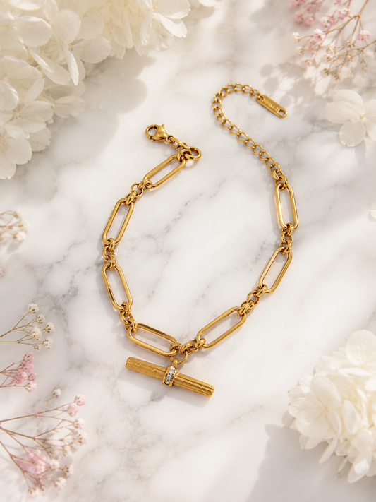 Portifino: 18K gold plated crystal T bar bracelet