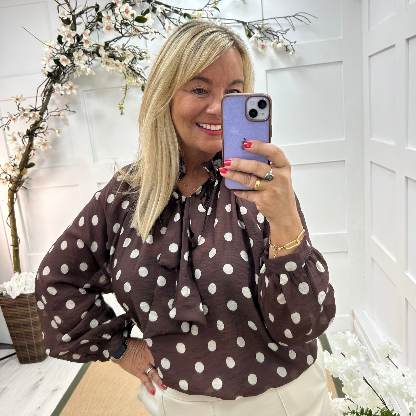 Dotty: Brown & cream spotty tie top. One size: 14-20