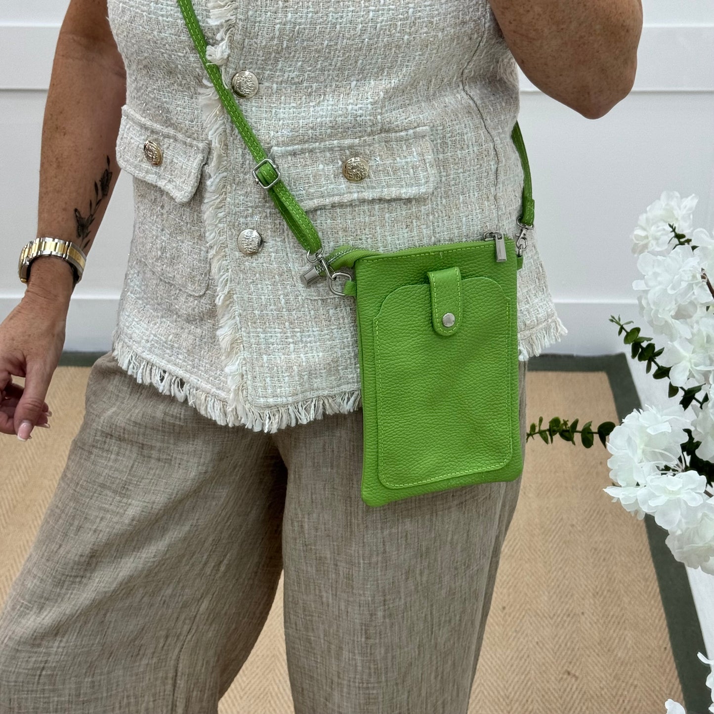 Petra: Lime Italian leather phone cross body bag