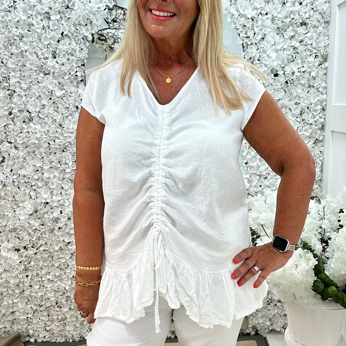 Miranda: White linen ruched pull vest top. One size: 14-20