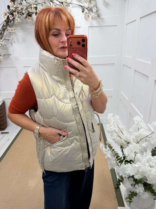 Grace: Champagne metallic padded gilet. One size: 10-16