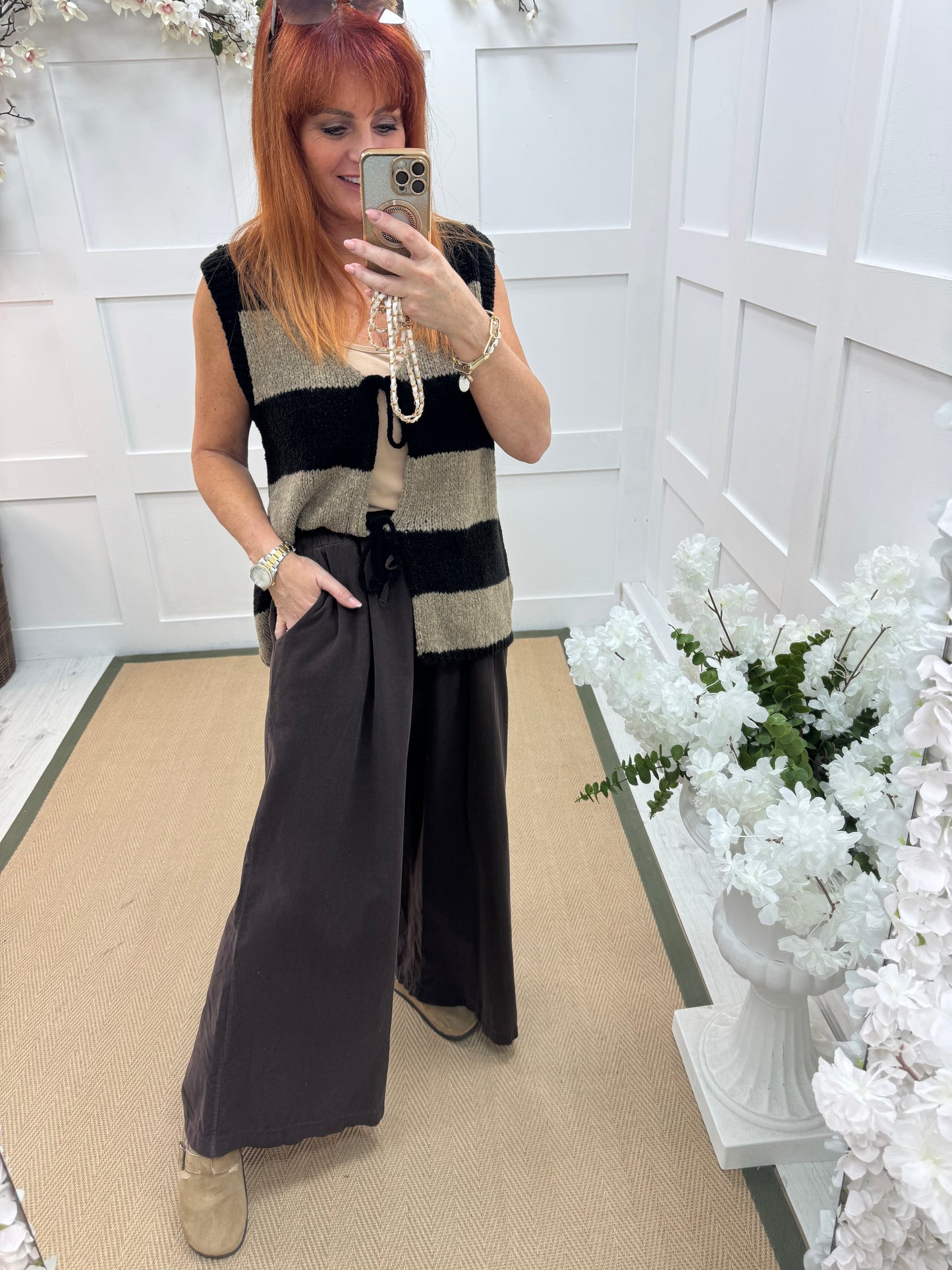 Lark: Brown needle cord wide trousers. One Size: 8-16