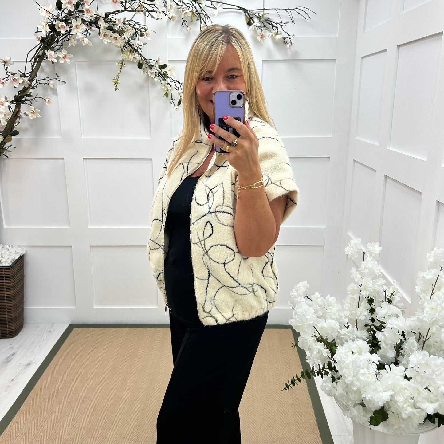 Allegra: Cream wool abstract gilet. One size 12-18