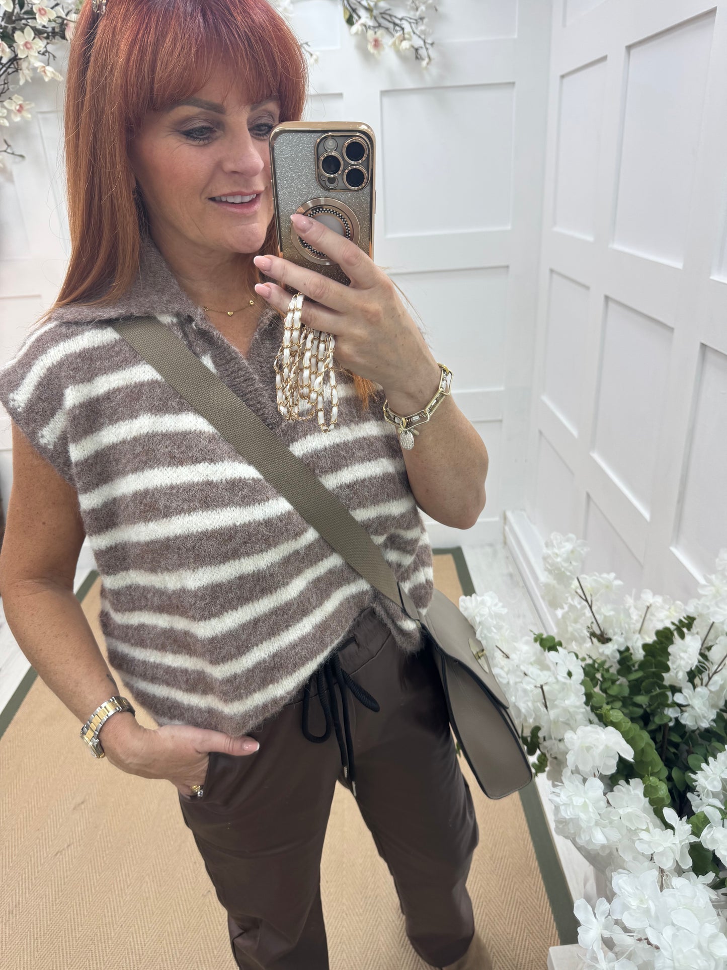 Talisa: Mocha & cream stripe sleeveless top. One size 12-18