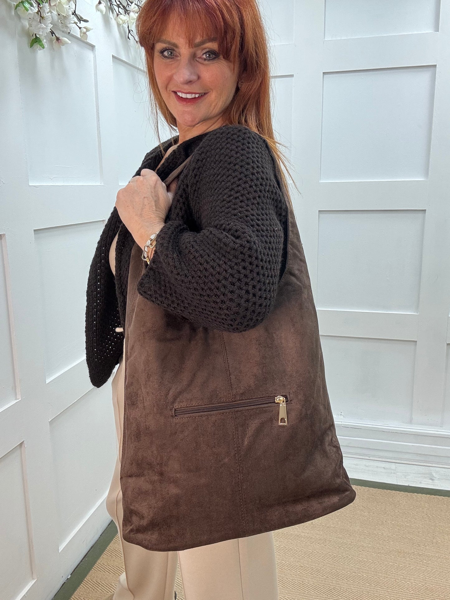Sable: Brown vegan suede slouchy bag