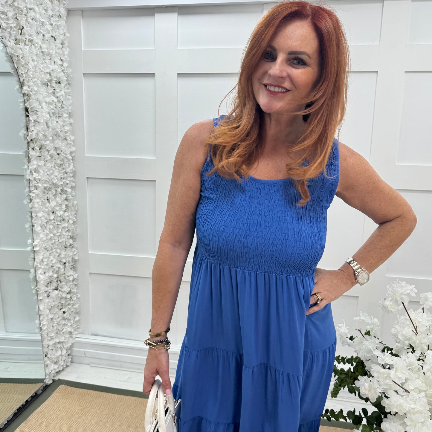 Melody: Blue shirred midi dress. One size: 12-18