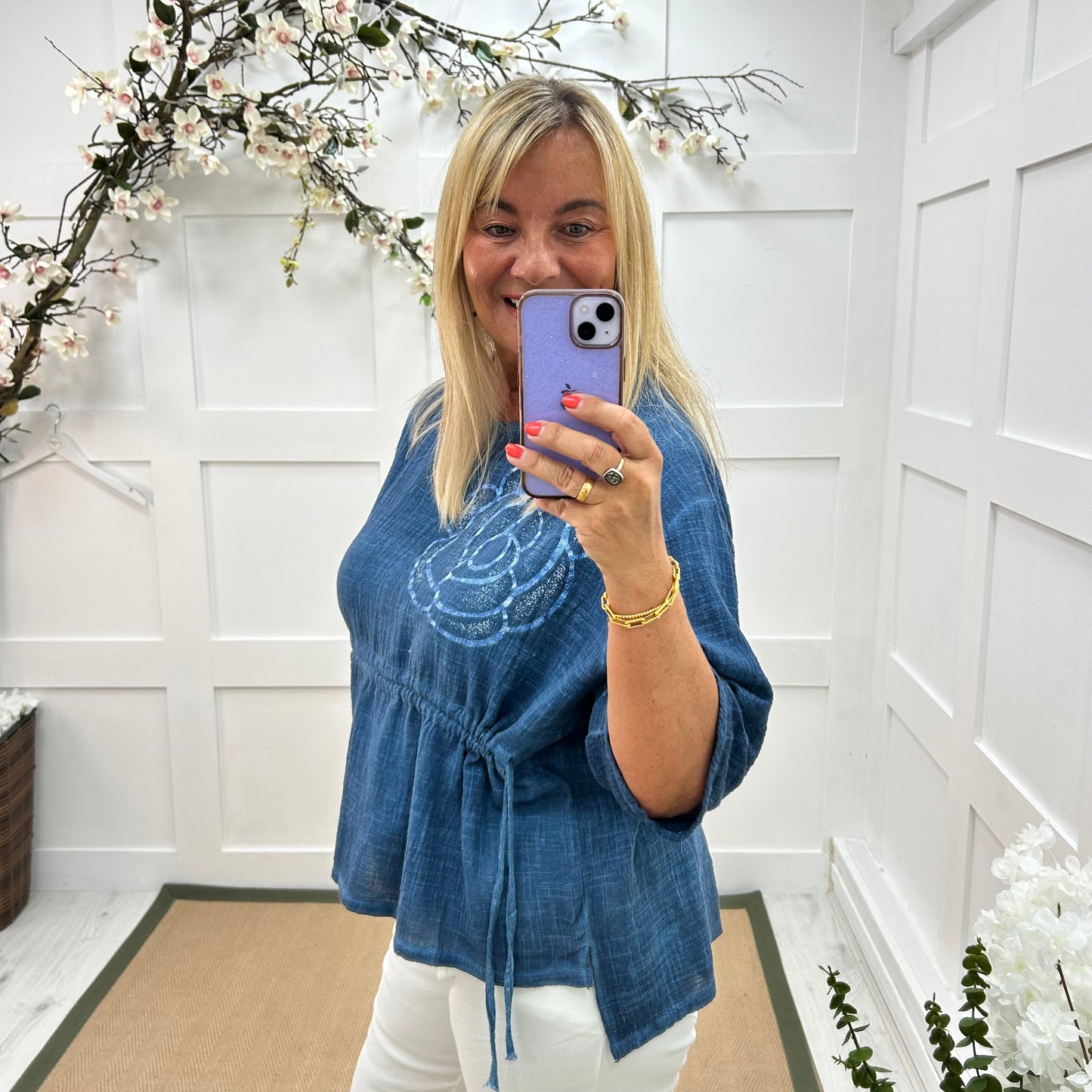Marisol: Denim blue Made in Italy cotton flower top. Sizes: 16-20