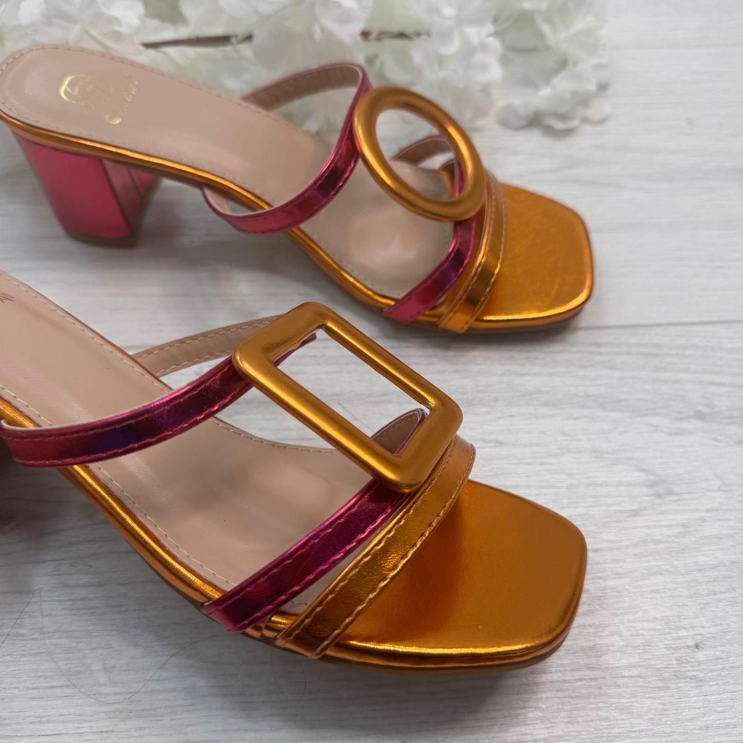 Rosa: Metallic pink & orange large buckle sandals. Sizes: 3-8
