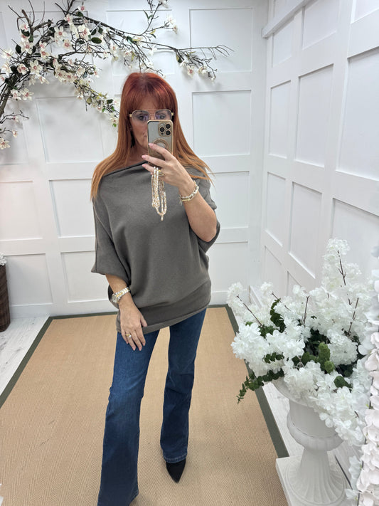 Samantha: Mocha asymmetrical slouch top. One size 10-18