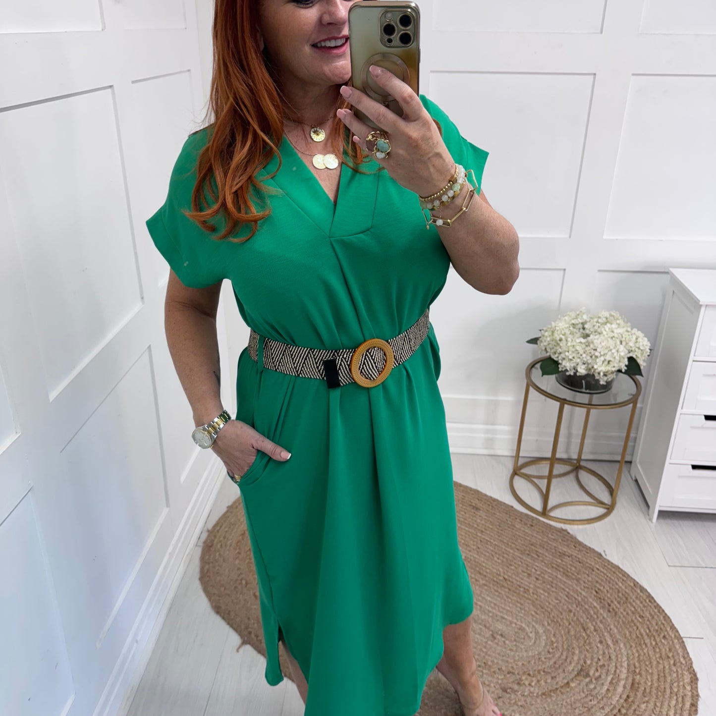 Azora: Emerald green V neck belted midi dress. One size 10-18