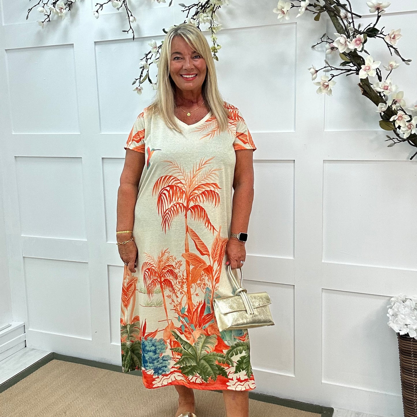 Eleanor: Orange tropical palm fine knit midi dress. One Size: 14-18/20
