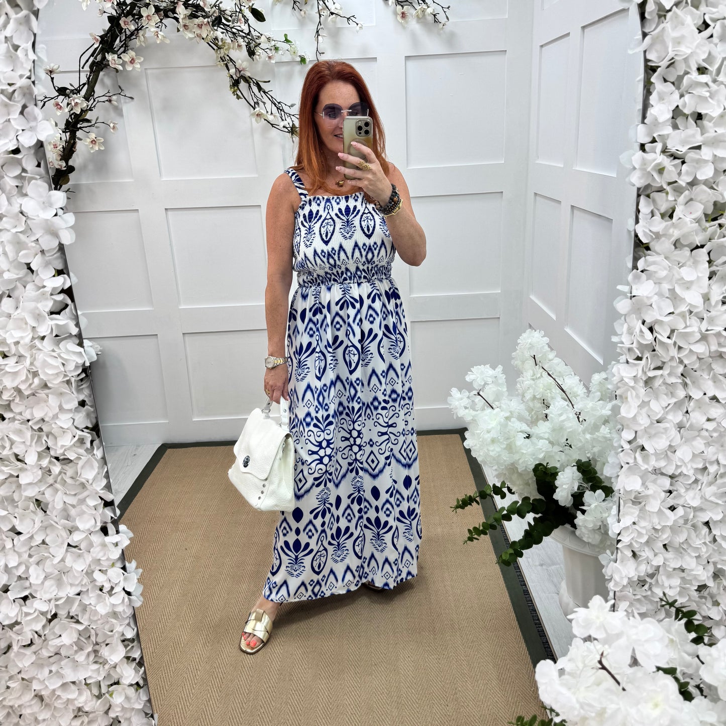 Tiffany: Royal blue & white shirred maxi dress. One size: 8-16