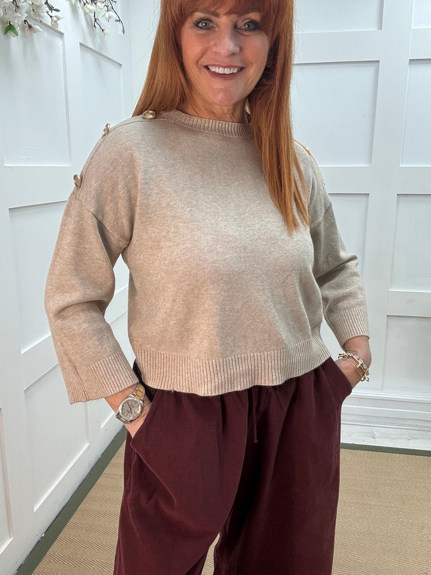 Lorna: Oatmeal gold button knitted top. One Sz: 10-16