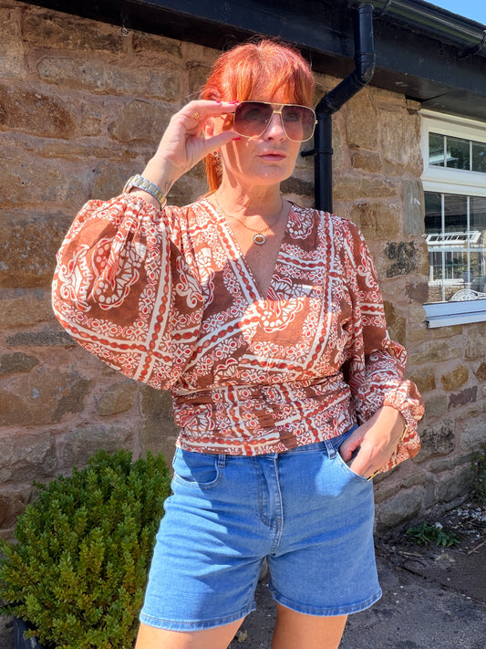Tanya: Wrap style long balloon sleeve printed top. 3 sizes. 2 colours