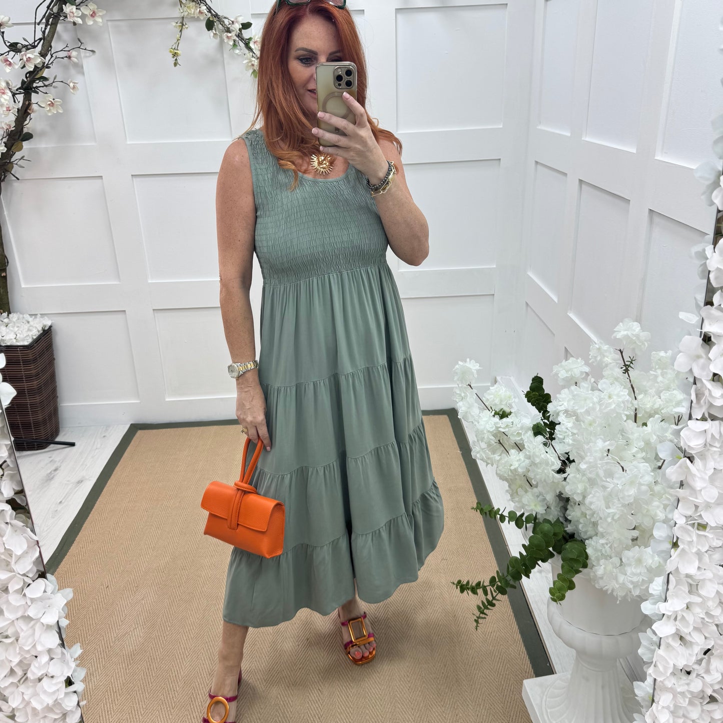 Melody: Khaki shirred midi dress. One size: 12-18