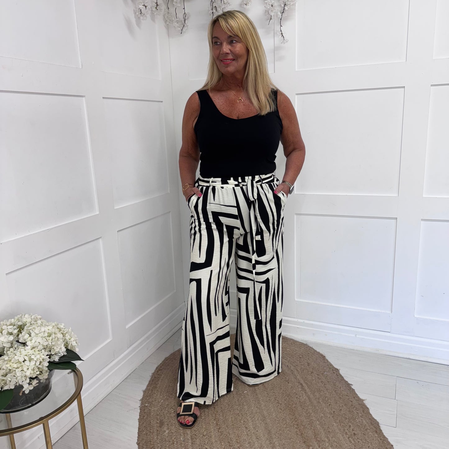Becki: Black & cream abstract wide trousers. One size: 12-16