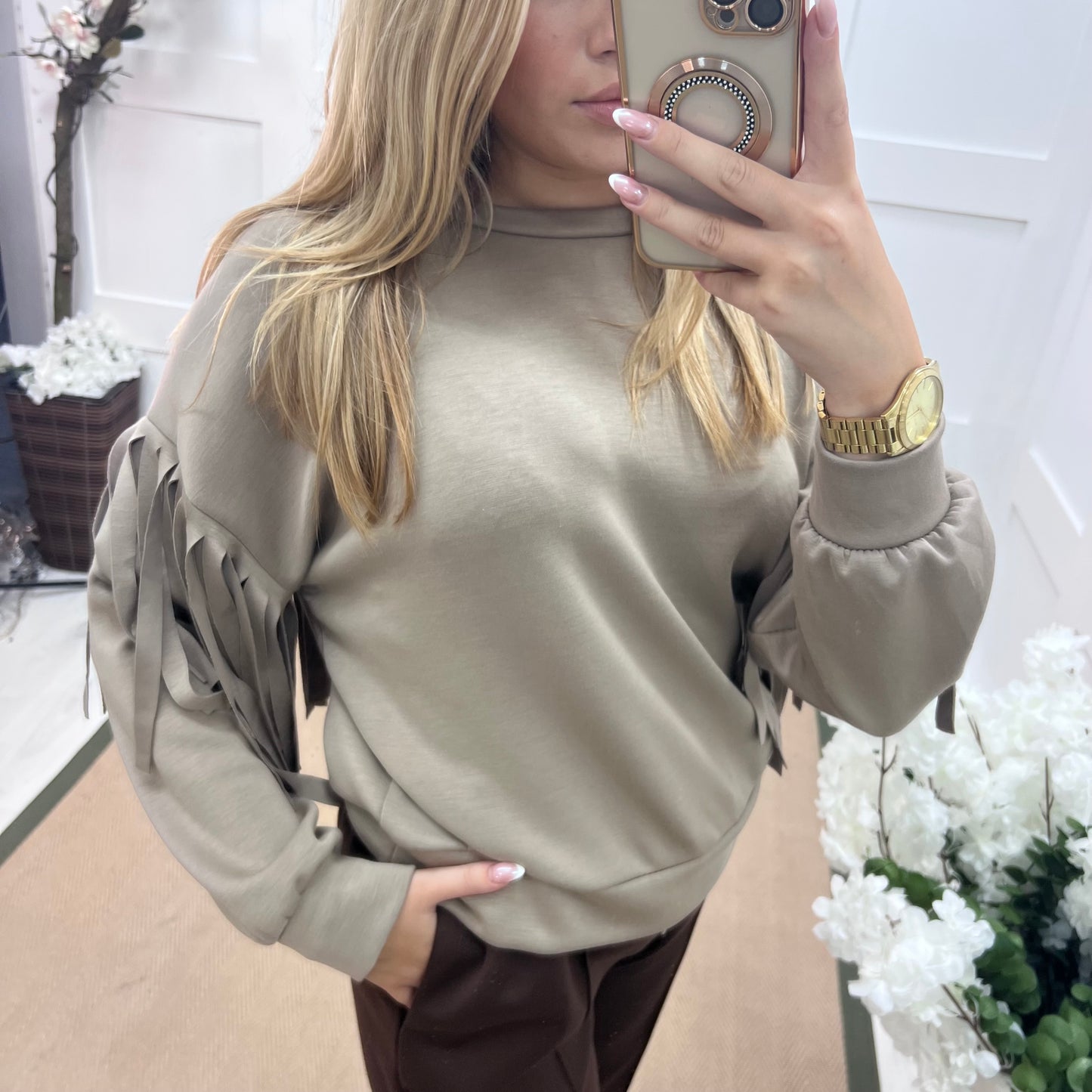 Athens: Mocha short tassel sweatshirt. One size: 10-16