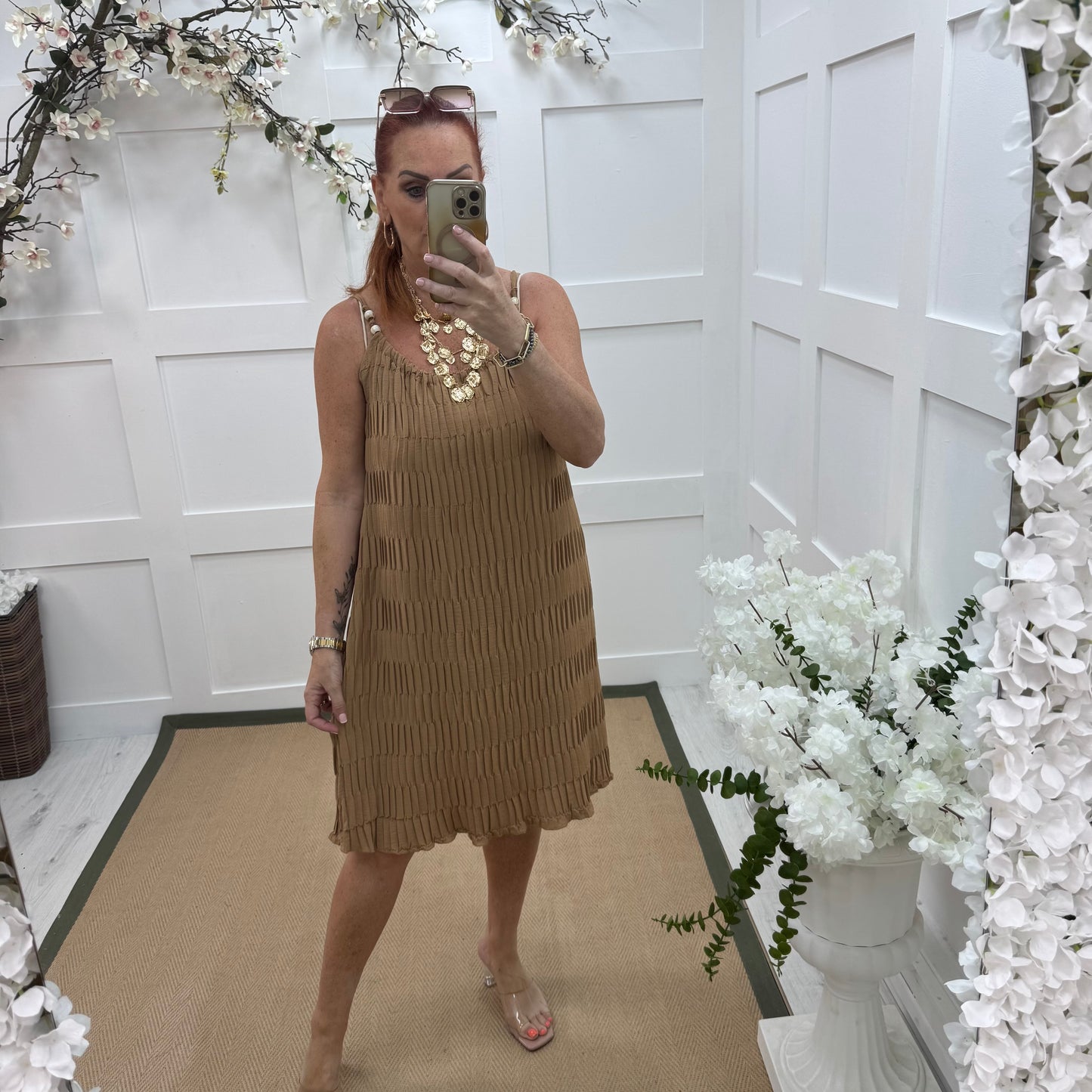 Thea: Sand waffle beaded strappy dress. One size 14-20
