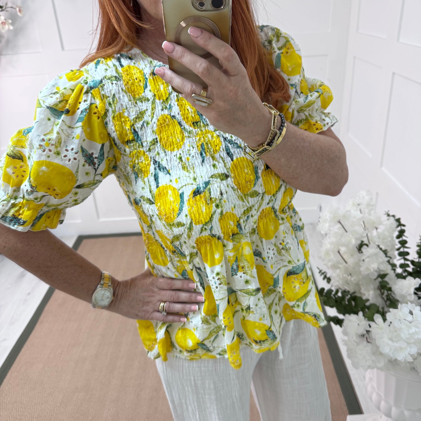 Cici: White lemon printed top. One size: 8-14