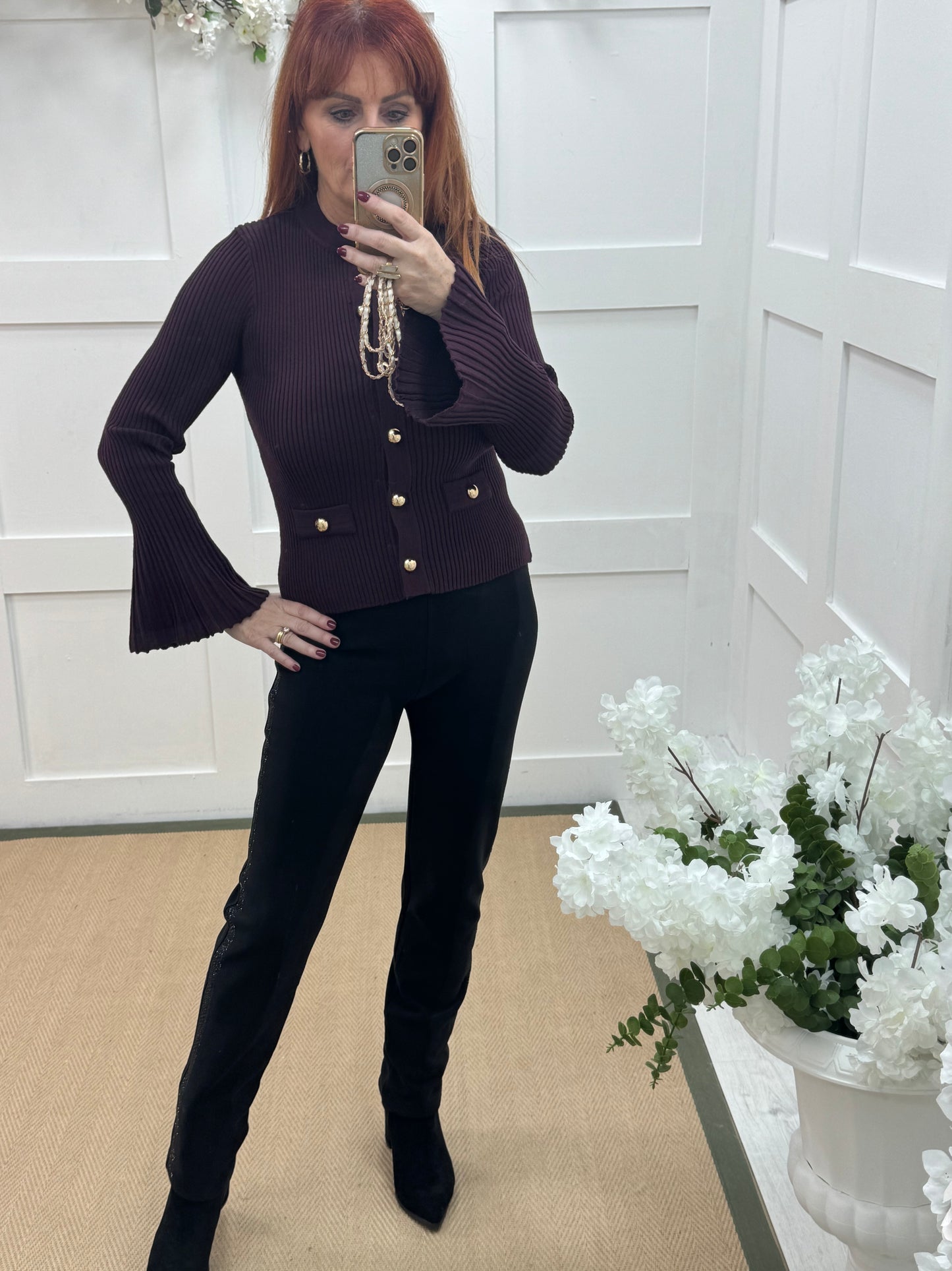 Sienna: Black stretchy diamanté stripe trousers. 5 sizes