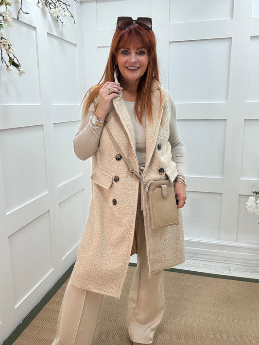 Kay: Cream boucle long waistcoat. One size 10-16